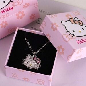 Sanrio Hello Kitty Pendant Silver Necklace with Diamond Clavicle Chain with Box